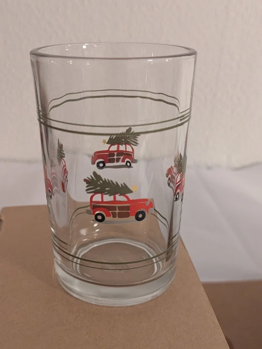 Pottery Barn juice glasses Set of 8 Christmas Car woody Crisa signed NIB